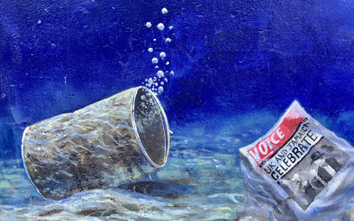 Windrush Mural, painted by Michael Elliott in Downtown Kingston, Jamaica, and photographed by former center fellow Dantaé Garee Elliott. The image is from her doctoral project, Barrel Poetics, which explores the art and culture of Caribbean migration.